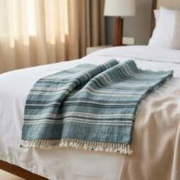 Teal Blue Striped Indian Wool Throw Blanket, Handwoven Couch Coverlet With Bed Accent - Sapphire - thumbnail 4