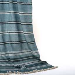 Teal Blue Striped Indian Wool Throw Blanket, Handwoven Sofa Coverlet & Bed Runner - Sapphire - thumbnail 2