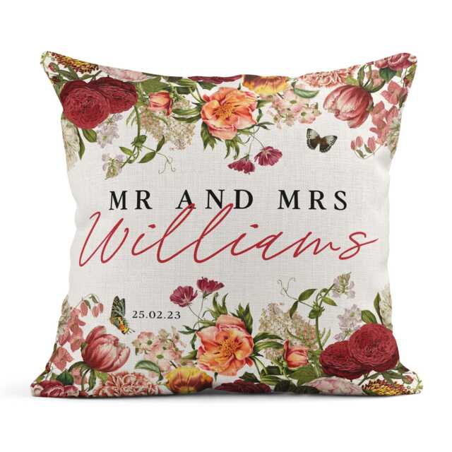 Personalised Floral Cushion, Mr & Mrs, Wedding Gift, Anniversary Gift - image 1