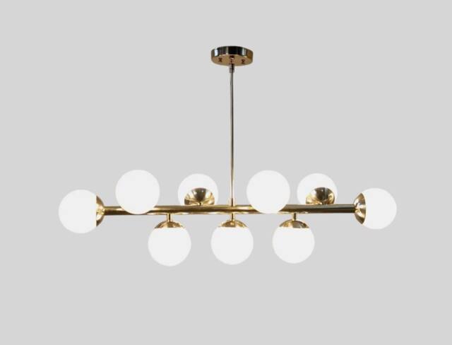 Mid Century Modern Brass Globe Chandelier, Linear 9-Light Ceiling Lamp - image 1
