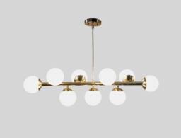 Mid Century Modern Brass Globe Chandelier, Linear 9-Light Ceiling Lamp