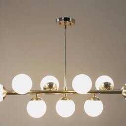 Mid Century Modern Brass Globe Chandelier, Linear 9-Light Ceiling Lamp - thumbnail 2