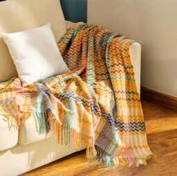 Boho Herringbone Throw Blanket Colorful Tassel Quilt - thumbnail 1