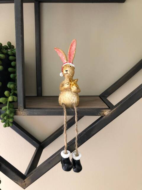 Resin Rabbit Christmas Ornament Dangling Legs, Santa Hat, Gold Star - image 1