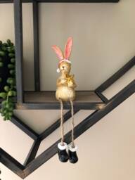Resin Rabbit Christmas Ornament Dangling Legs, Santa Hat, Gold Star - thumbnail 1