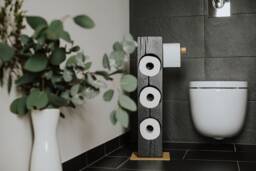 Handmade Black Oak Toilet Paper Holder, Gold Metal Base
