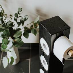 Handmade Black Oak Toilet Paper Holder, Gold Metal Base - thumbnail 3