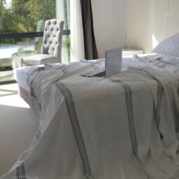 Heavy Linen Bed Cover Queen/King, Grayish Blue Stripes - thumbnail 2