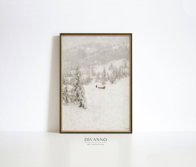 Snowy Winter Landscape Print, Vintage Christmas Wall Art, Nordic Farmhouse Poster, Digital Snow Forest Printable, Neutral Art Painting - image 1