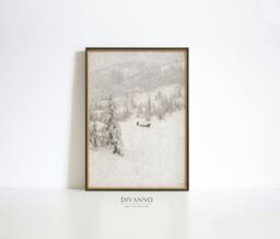 Snowy Winter Landscape Print, Vintage Christmas Wall Art, Nordic Farmhouse Poster, Digital Snow Forest Printable, Neutral Art Painting - thumbnail 1