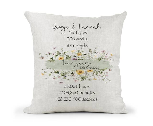 Personalised Floral 4Th Anniversary Cream Canvas Cushion, Scatter Home Decor, Wedding, 4 Years, Mum Dad, Days Months, Hours, Mins - image 1
