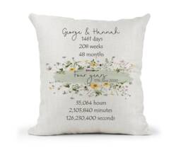 Personalised Floral 4Th Anniversary Cream Canvas Cushion, Scatter Home Decor, Wedding, 4 Years, Mum Dad, Days Months, Hours, Mins - thumbnail 1