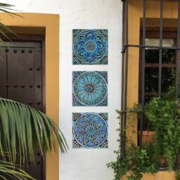 3 Turquoise Ceramic Tile Wall Hangings Handmade Ethnic Decor - 20cm/7.9