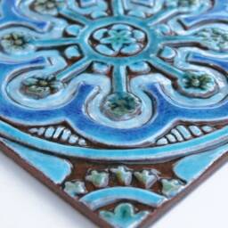 3 Turquoise Ceramic Tile Wall Hangings Handmade Ethnic Decor - 20cm/7.9 - thumbnail 2