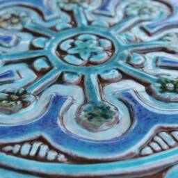 3 Turquoise Ceramic Tile Wall Hangings Handmade Ethnic Decor - 20cm/7.9 - thumbnail 3