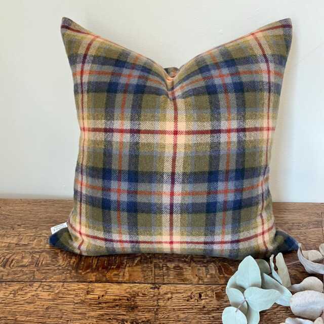 1172. Green Blue Check Tweed Cushion Cover, 100% Wool, Various Sizes - image 1