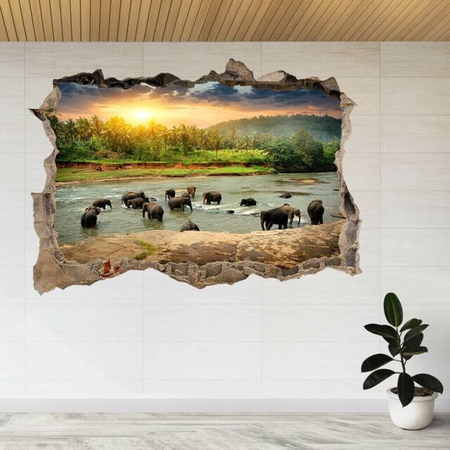 Herd Of Elephants Bathing, River 3D Smashed View Wall Sticker Poster Decal A882 - image 1