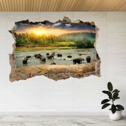 Herd Of Elephants Bathing, River 3D Smashed View Wall Sticker Poster Decal A882