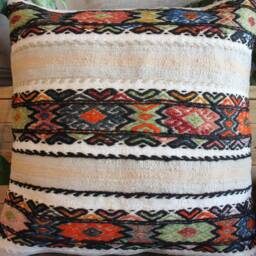 50cm - 20Inch Vintage Kilim Cushion Cover Handwoven - Colourful Brocaded Bands On Off White - thumbnail 2