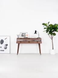 Heim - Mid Century Modern Walnut Desk With Storage Shelf & Monitor Stand