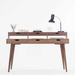 Heim - Mid Century Modern Walnut Desk With Storage Shelf & Monitor Stand - thumbnail 3