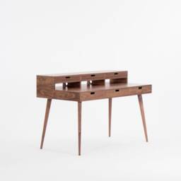 Heim - Mid Century Modern Walnut Desk With Storage Shelf & Monitor Stand - thumbnail 4