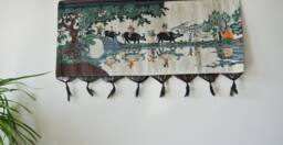 Vintage Batik Tapestry, Indigo Wall Hanging, Abstract Painting, Cattleclass - thumbnail 1