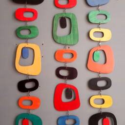 Mid Century Modern Wood Wall Hanging Retro Mobile Art, Colorful Plywood - thumbnail 3