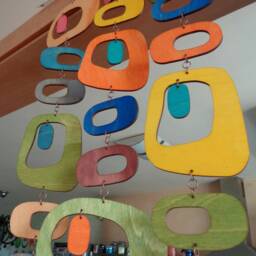 Mid Century Modern Wood Wall Hanging Retro Mobile Art, Colorful Plywood - thumbnail 2