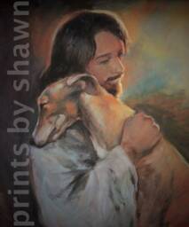 Art Print Of Greyhound With Jesus, Whippet Dog Print - thumbnail 1