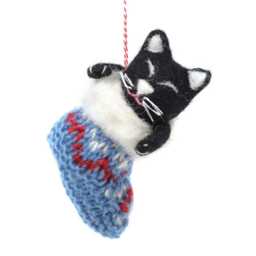 Hand Felted Cat Christmas Tree Decoration - Fair Trade, Hanging Ornament, in A Stocking, 100% Wool, Cute Xmas - thumbnail 3