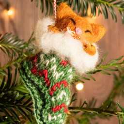 Hand Felted Cat Christmas Tree Decoration - Fair Trade, Hanging Ornament, in A Stocking, 100% Wool, Cute Xmas - thumbnail 2