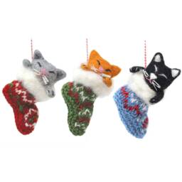 Felted Cat Christmas Stocking Ornament - 100% Wool, Fair Trade Decoration
