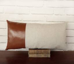 Cognac Faux Leather & Linen Lumbar Pillow Cover Modern Scandinavian Decor - thumbnail 1