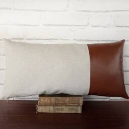 Cognac Faux Leather & Linen Lumbar Pillow Cover Modern Scandinavian Decor - thumbnail 2