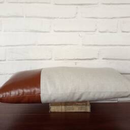 Cognac Faux Leather & Linen Lumbar Pillow Cover Modern Scandinavian Decor - thumbnail 3