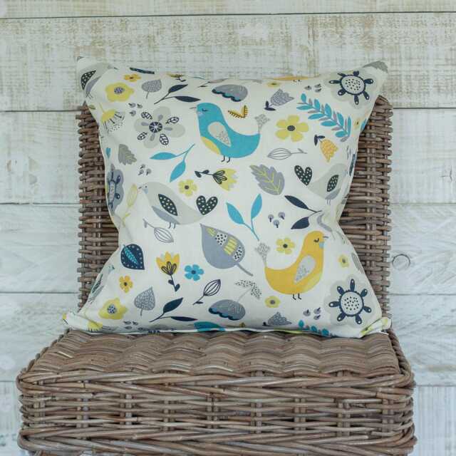Scandi Spring Cushion Cover. Blue & Yellow Woodland Birds Geometric Floral Prints. 100% Cotton Cloth. 17x17 - image 1