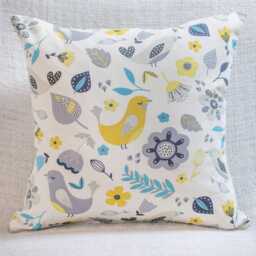 Scandi Spring Cushion Cover. Blue & Yellow Woodland Birds Geometric Floral Prints. 100% Cotton Cloth. 17x17 - thumbnail 2