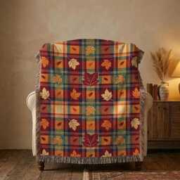 Autumn Plaid Woven Blanket, Fall Leaves Throw Rustic Thanksgiving Decor, Cozy Harvest Farmhouse Gift - thumbnail 3