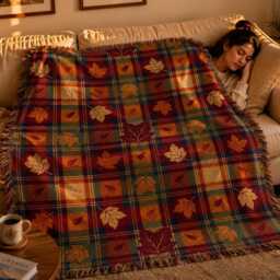 Autumn Plaid Woven Blanket, Fall Leaves Throw Rustic Thanksgiving Decor, Cozy Harvest Farmhouse Gift - thumbnail 2