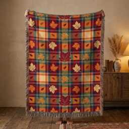 Autumn Plaid Woven Blanket, Fall Leaves Throw Rustic Thanksgiving Decor, Cozy Harvest Farmhouse Gift - thumbnail 1