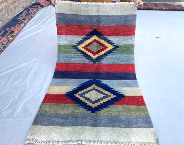 Colorful Geometric Chobi Rug 80x135 cm, Striped Afghan Kilim Style Wool Rug, Small Southwest Area Vibrant Entryway Accent Mat - image 1