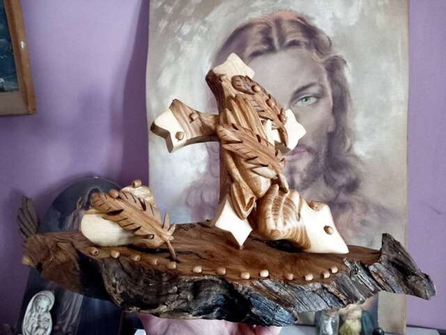 Praying Hands, Cross, Christians Gift, Wooden Sculpture, Feathers, Unique Wood Carving, Sculpture, Heart, Heart, Home Decor - image 1