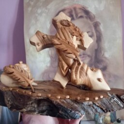 Praying Hands, Cross, Christians Gift, Wooden Sculpture, Feathers, Unique Wood Carving, Sculpture, Heart, Heart, Home Decor - thumbnail 3