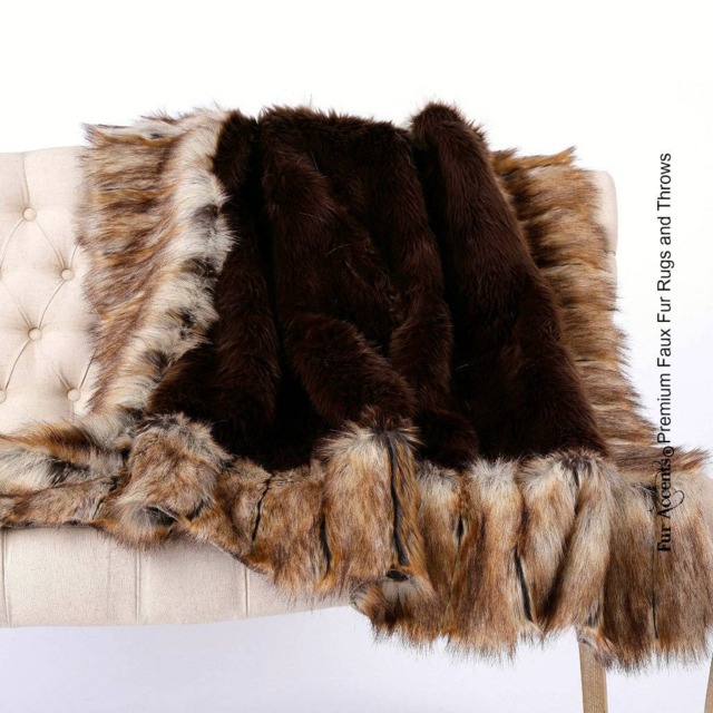 Brown Shag Faux Fur Throw Blanket - Light Fox Border, Minky Lining - image 1