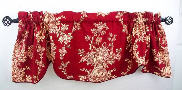 Window Red Valances French Country House , Scallop Valances, Rod Pocket Kitchen, Piping Burgundy Bedroom Bathroom Curtains Wide Treatment - image 1