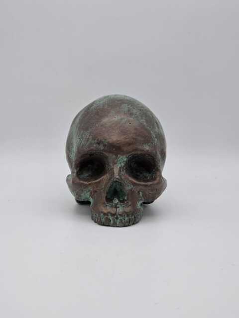 Solid Bronze Patina Mini Human Skull Ornament. Small Replica Plaster Of Paris Skull - image 1