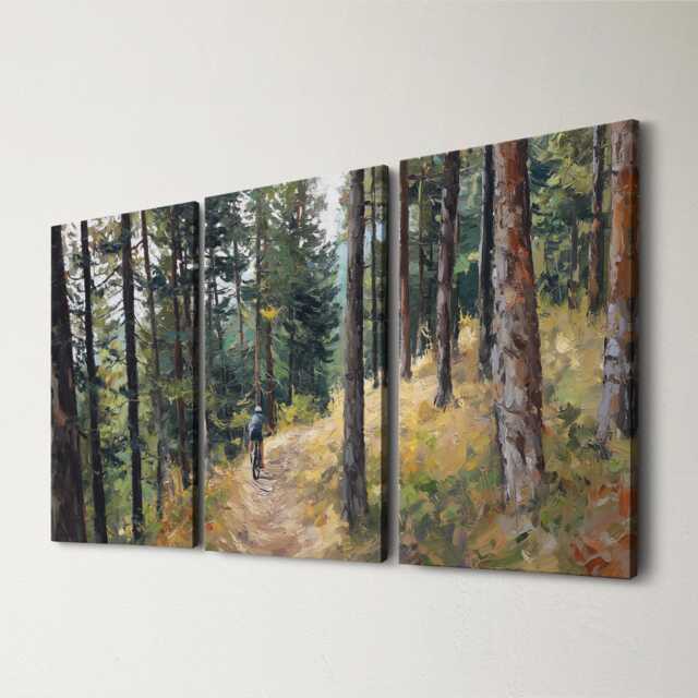 Mountain Biking Pine Forest 3 Panel Split Canvas Wall Art Singletrack Adventure Trail Oil Painting Framed Home Decor Cyclist Gift - image 1