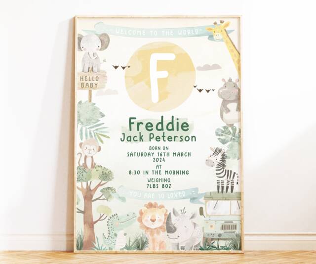 New Baby Personalised Print - Gift Newborn Nursery Wall Art Safari - image 1