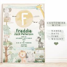 New Baby Personalised Print - Gift Newborn Nursery Wall Art Safari - thumbnail 2